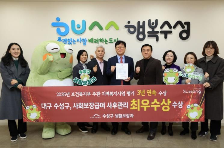 김대권 수성구청장과 관계 공무원들이 보건복지부가 주관한 ‘2025년 지역복지사업평가’사회보장급여 사후관리 부문에서 최우수상을 수상 후 기념 촬영을 하고 있다.