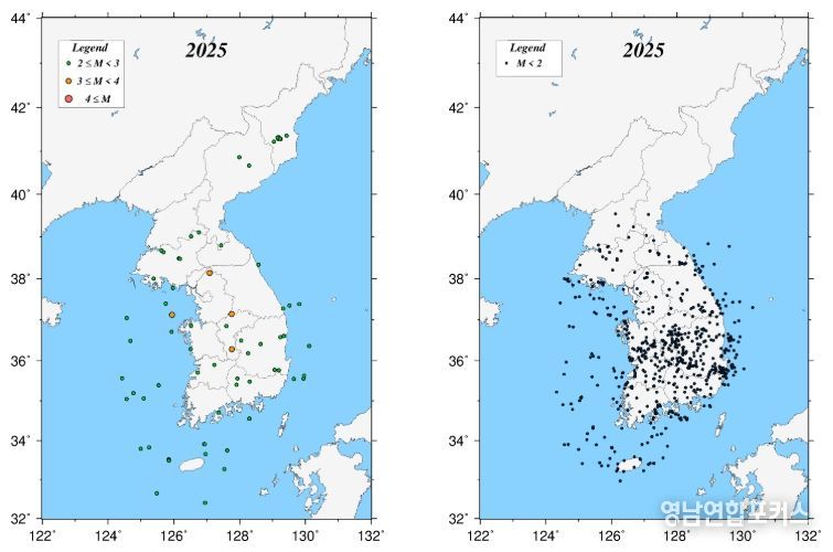 2025년 지진 발생 분포도(왼쪽: 규모 2.0 이상, 오른쪽: 규모 2.0 미만)